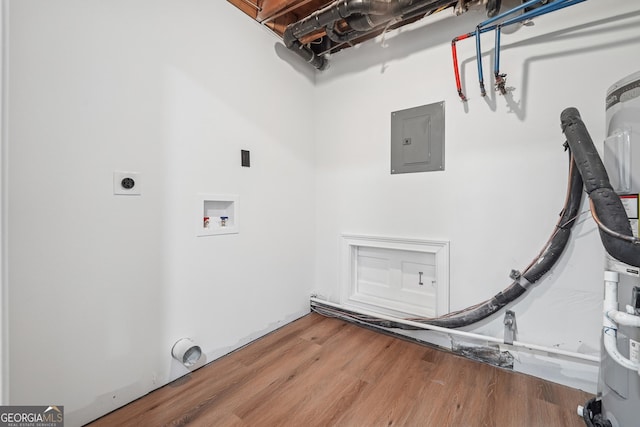 laundry room with hookup for an electric dryer, electric panel, washer hookup, laundry area, and wood finished floors