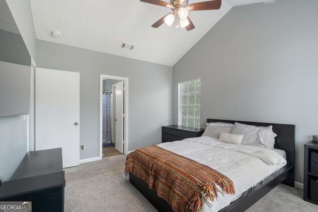 1914 Phillips Lake Blf, Lithonia, GA 30058 - carpeted bedroom with high vaulted ceiling, baseboards, a ceiling fan, and visible vents