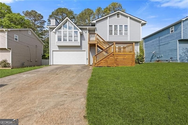 4811 Nevilly Way, Marietta, GA 30066 - view of front facade featuring a chimney, stairway, driveway, a front yard, and an attached garage