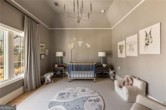 carpeted bedroom featuring an inviting chandelier, high vaulted ceiling, visible vents, and multiple windows
