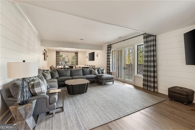 living area with plenty of natural light, wood walls, and wood finished floors