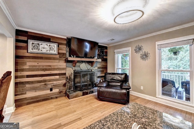 4364 Saddlecreek Ct, Auburn, GA 30011 - living room with wood finished floors, crown molding, and a stone fireplace