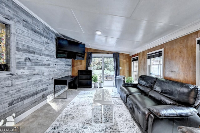 4364 Saddlecreek Ct, Auburn, GA 30011 - living area with wood walls and concrete floors