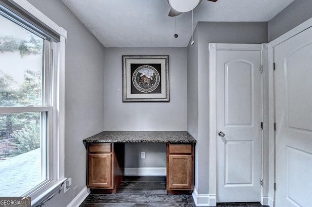 4364 Saddlecreek Ct, Auburn, GA 30011 - unfurnished office featuring dark wood-style floors, a ceiling fan, baseboards, and a healthy amount of sunlight