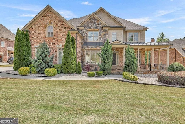 2932 Springbluff Ln, Buford, GA 30519 - view of front of home featuring covered porch, a standing seam roof, brick siding, and a front yard