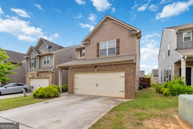 view of front facade with an attached garage, brick siding, driveway, and a front lawn