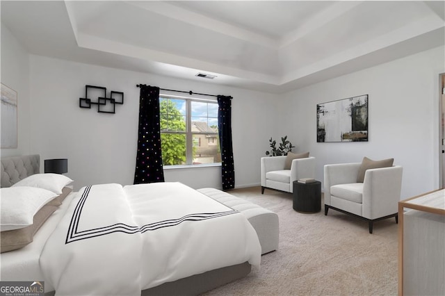 carpeted bedroom featuring a tray ceiling