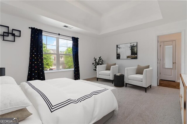 carpeted bedroom with a tray ceiling