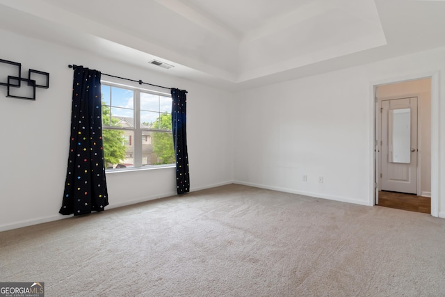 spare room with a raised ceiling, carpet, and baseboards