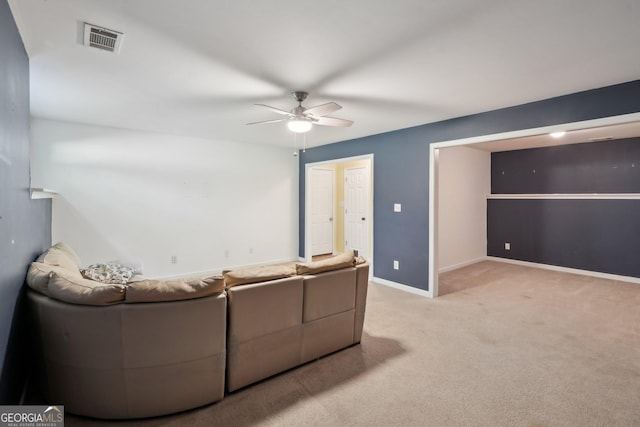 140 Spring Cir, Senoia, GA 30276 - unfurnished living room with a ceiling fan, visible vents, light colored carpet, and baseboards