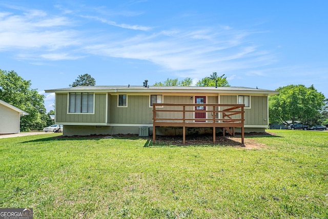 898 Doeskin Dr NW, Conyers, GA 30012 - back of property featuring crawl space, cooling unit, a deck, and a lawn