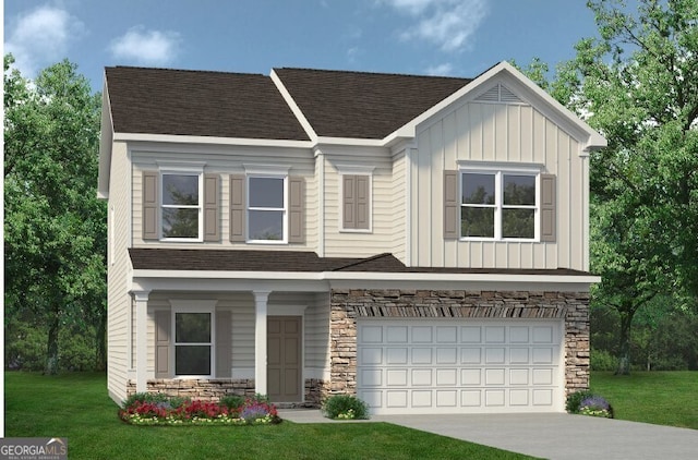 1027 Victoria Heights Dr, Dallas, GA 30132 - view of front of house featuring stone siding, board and batten siding, a front yard, and driveway