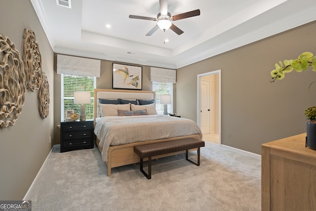 1027 Victoria Heights Dr, Dallas, GA 30132 - bedroom with a raised ceiling, light carpet, recessed lighting, and ceiling fan