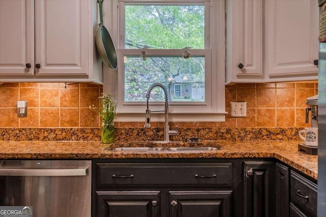 20 Mitchell Cir SE, Rome, GA 30161 - kitchen featuring stainless steel dishwasher, white cabinets, backsplash, and light stone counters