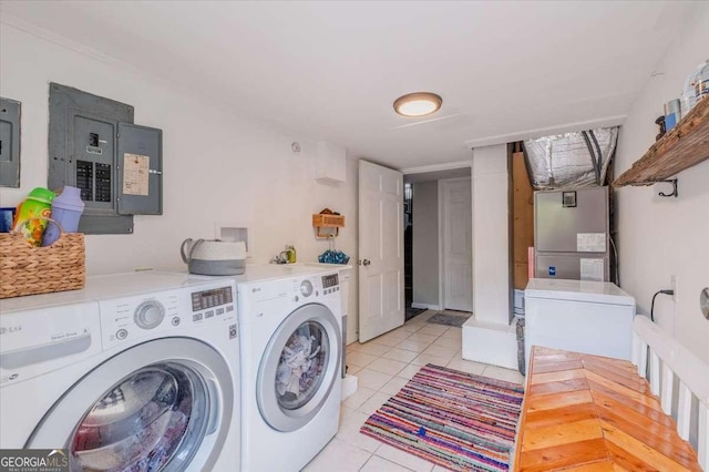 20 Mitchell Cir SE, Rome, GA 30161 - washroom featuring washer and dryer, electric panel, light tile patterned floors, and heating unit