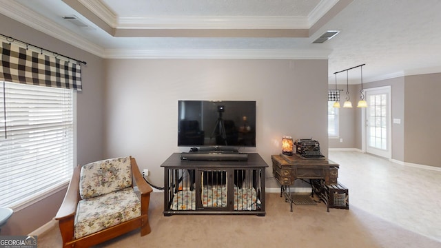 living area featuring a raised ceiling, visible vents, and ornamental molding