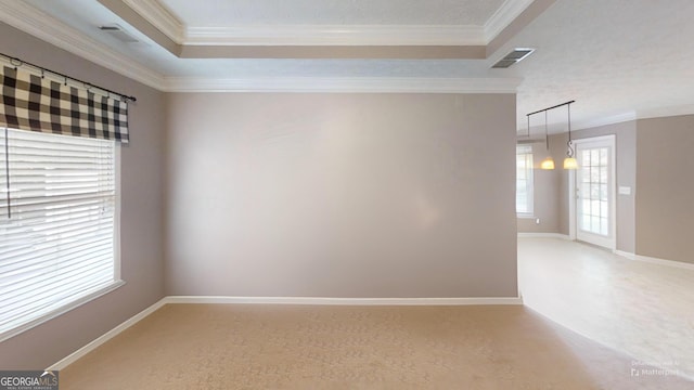 spare room with a raised ceiling, crown molding, and visible vents