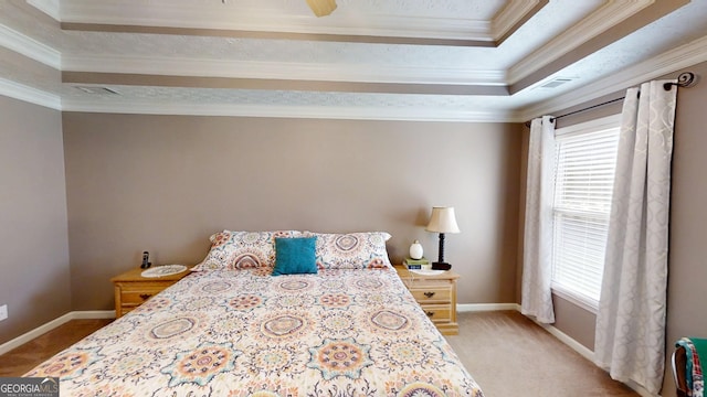 bedroom featuring light colored carpet, crown molding, baseboards, and multiple windows