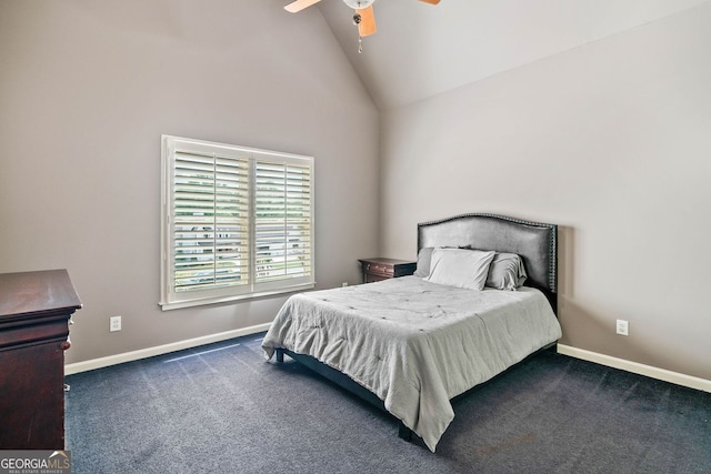 bedroom with baseboards, ceiling fan, carpet, and high vaulted ceiling