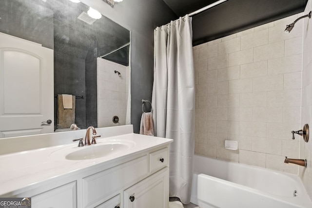 full bath featuring shower / bath combo and vanity
