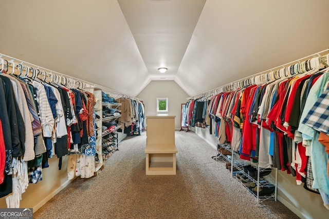 spacious closet with carpet and lofted ceiling