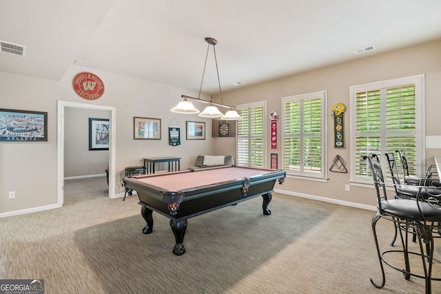 recreation room with baseboards, billiards, carpet floors, and visible vents