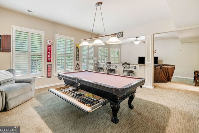 rec room with baseboards, a ceiling fan, pool table, and a wealth of natural light