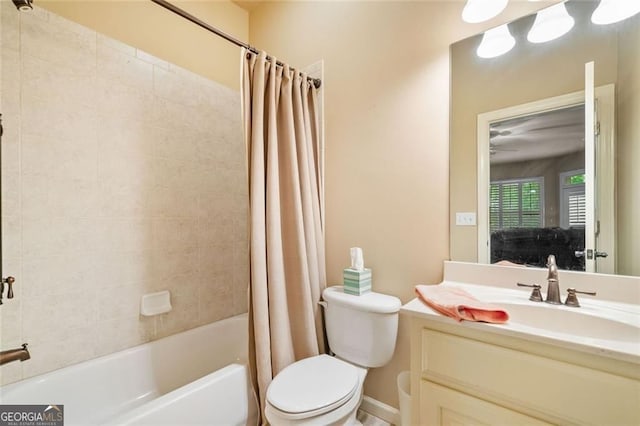 ensuite bathroom with toilet, shower / bath combination with curtain, ensuite bathroom, and vanity