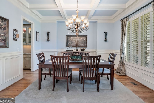 dining space featuring light wood-type flooring, coffered ceiling, and a chandelier