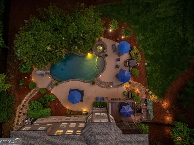 view of aerial view at night