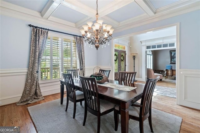 dining space featuring a wainscoted wall, beamed ceiling, coffered ceiling, and a chandelier