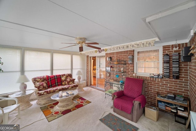 110 Otelia Ln, Covington, GA 30014 - living room with ceiling fan and brick wall
