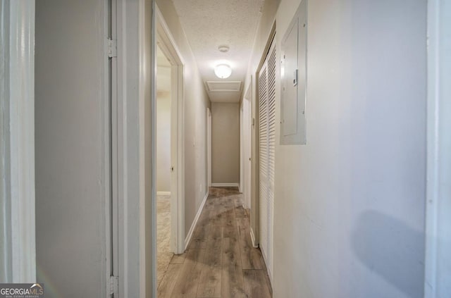 corridor featuring baseboards, attic access, a textured ceiling, and light wood finished floors