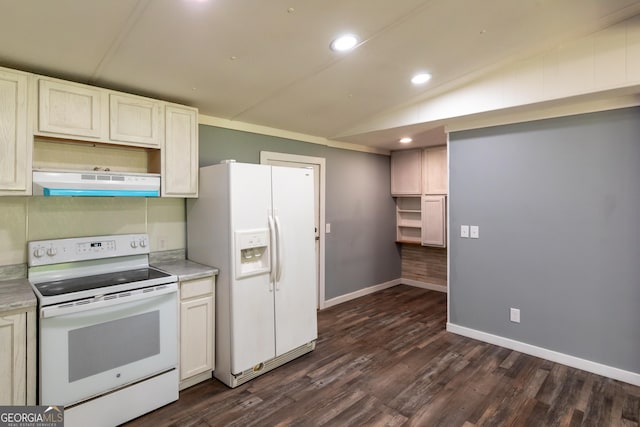 kitchen with dark wood finished floors, white appliances, light countertops, vaulted ceiling, and range hood