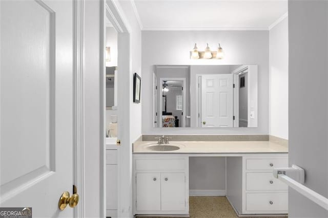 2558 Landeau Cir, Tucker, GA 30084 - bathroom with ceiling fan, crown molding, and vanity