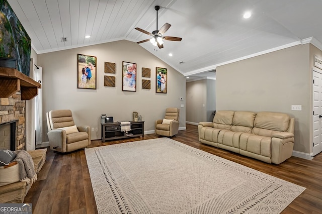 241 Simmons Dr Unit 6B, Ellijay, GA 30536 - living room with dark wood-style flooring, a ceiling fan, a stone fireplace, vaulted ceiling, and baseboards