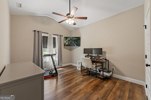 241 Simmons Dr Unit 6B, Ellijay, GA 30536 - home office featuring baseboards, a ceiling fan, dark wood finished floors, and vaulted ceiling