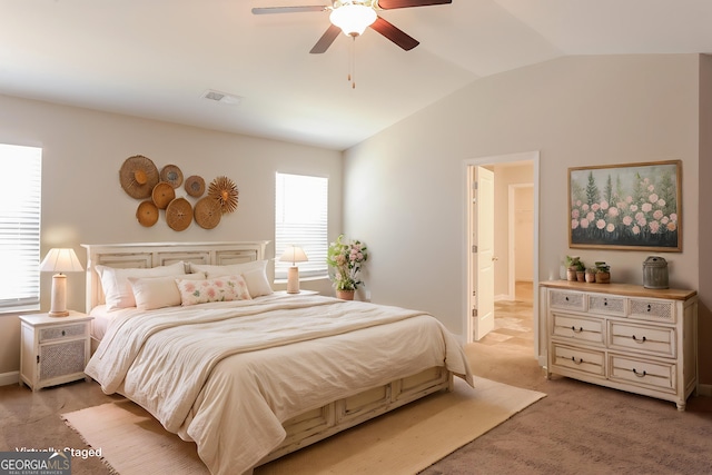 89 Citadel Dr, Hampton, GA 30228 - bedroom featuring ceiling fan, visible vents, light carpet, baseboards, and lofted ceiling