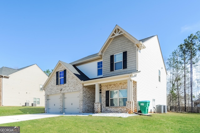 89 Citadel Dr, Hampton, GA 30228 - craftsman inspired home with cooling unit, concrete driveway, covered porch, a front yard, and brick siding