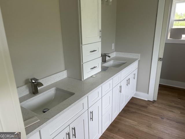 bathroom featuring double vanity, a sink, and wood finished floors