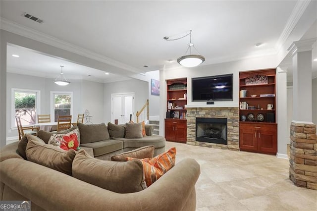 living area with visible vents, crown molding, a fireplace, stairway, and recessed lighting