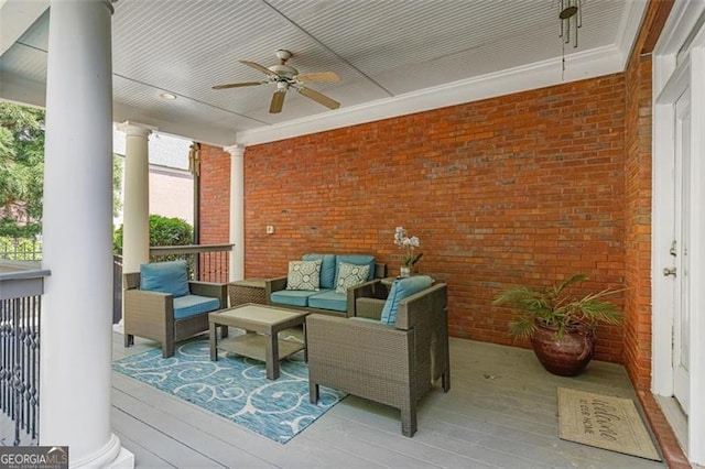 exterior space with an outdoor hangout area and ceiling fan