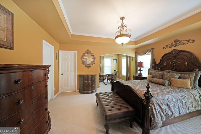 718 Province Pl SE, Atlanta, GA 30312 - bedroom featuring arched walkways, carpet, a tray ceiling, baseboards, and crown molding