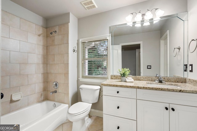 bathroom with toilet, tile patterned flooring, a chandelier, shower / washtub combination, and vanity