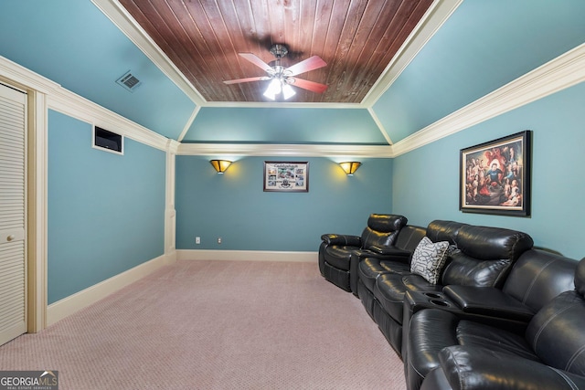 cinema room with crown molding, wood ceiling, carpet floors, lofted ceiling, and ceiling fan