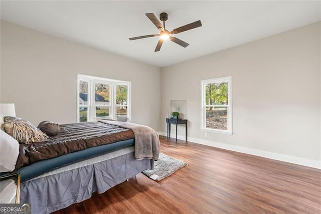 2490 Turtle Ter, Grayson, GA 30017 - bedroom with wood finished floors, baseboards, a ceiling fan, and multiple windows