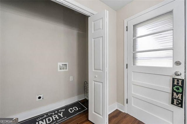 2490 Turtle Ter, Grayson, GA 30017 - washroom with dark wood-style flooring, laundry area, electric dryer hookup, hookup for a washing machine, and baseboards