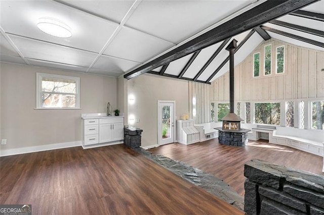 2490 Turtle Ter, Grayson, GA 30017 - interior space featuring baseboards, a wood stove, wood finished floors, and plenty of natural light