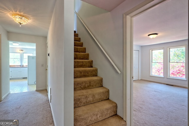 staircase featuring plenty of natural light, carpet, baseboards, and visible vents