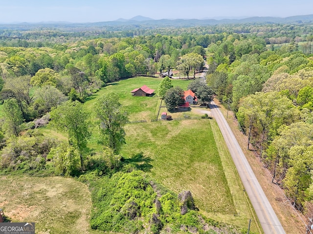 birds eye view of property with a mountain view, a rural view, and a wooded view